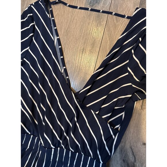 Navy & White Striped Jumpsuit Express XS Short Sleeves V-Neck & Elastic Waist - Picture 2 of 10